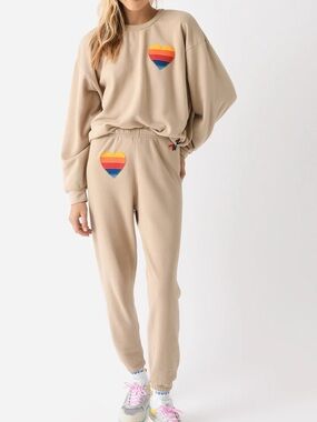 Aviator Nation Rainbow Heart Stitch SET Sweatshirt & Sweatpants Sand Tan sz L